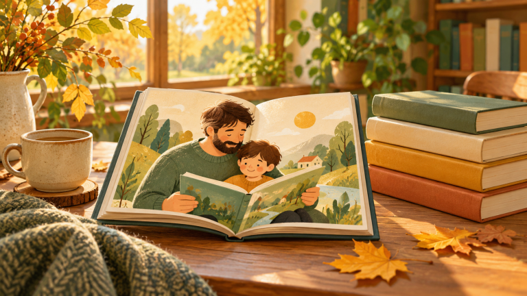 Раскрытая книга с рисунком отца и ребёнка рядом со стопкой книг