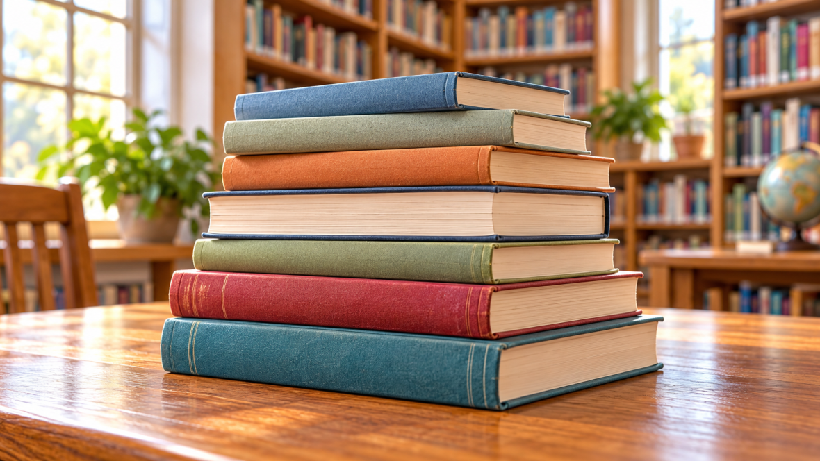 Стопка книг на столе в библиотеке