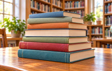 Стопка книг на столе в библиотеке