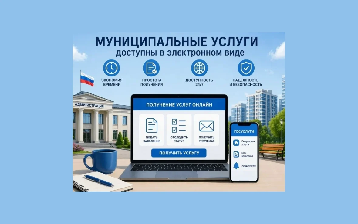 Макет с надписью «Муниципальные услуги доступны в электронном виде», компьютером и телефоном