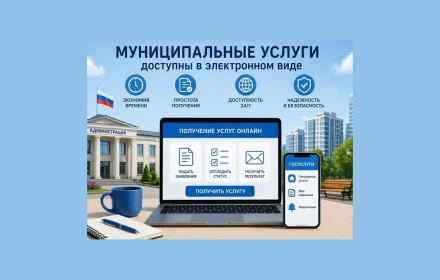 Макет с надписью «Муниципальные услуги доступны в электронном виде», компьютером и телефоном