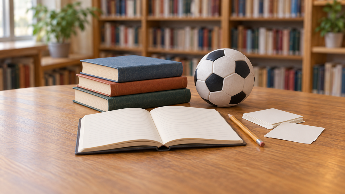 Книги, блокнот, карточки для ответов и мяч на столе