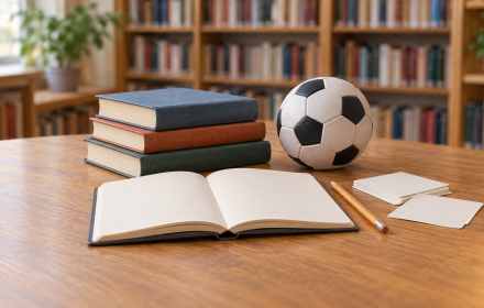 Книги, блокнот, карточки для ответов и мяч на столе